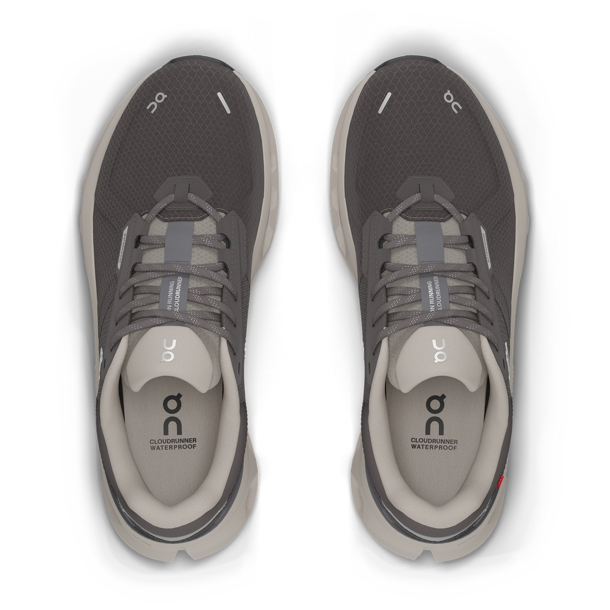 Men's On Cloudrunner  WP. Dark grey upper. Grey midsole. Top view.