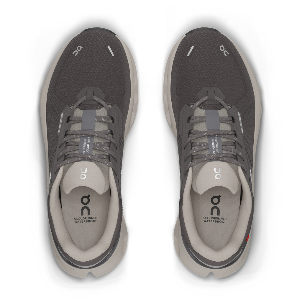 Men's On Cloudrunner  WP. Dark grey upper. Grey midsole. Top view.