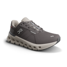 Men's On Cloudrunner  WP. Dark grey upper. Grey midsole. Lateral view.