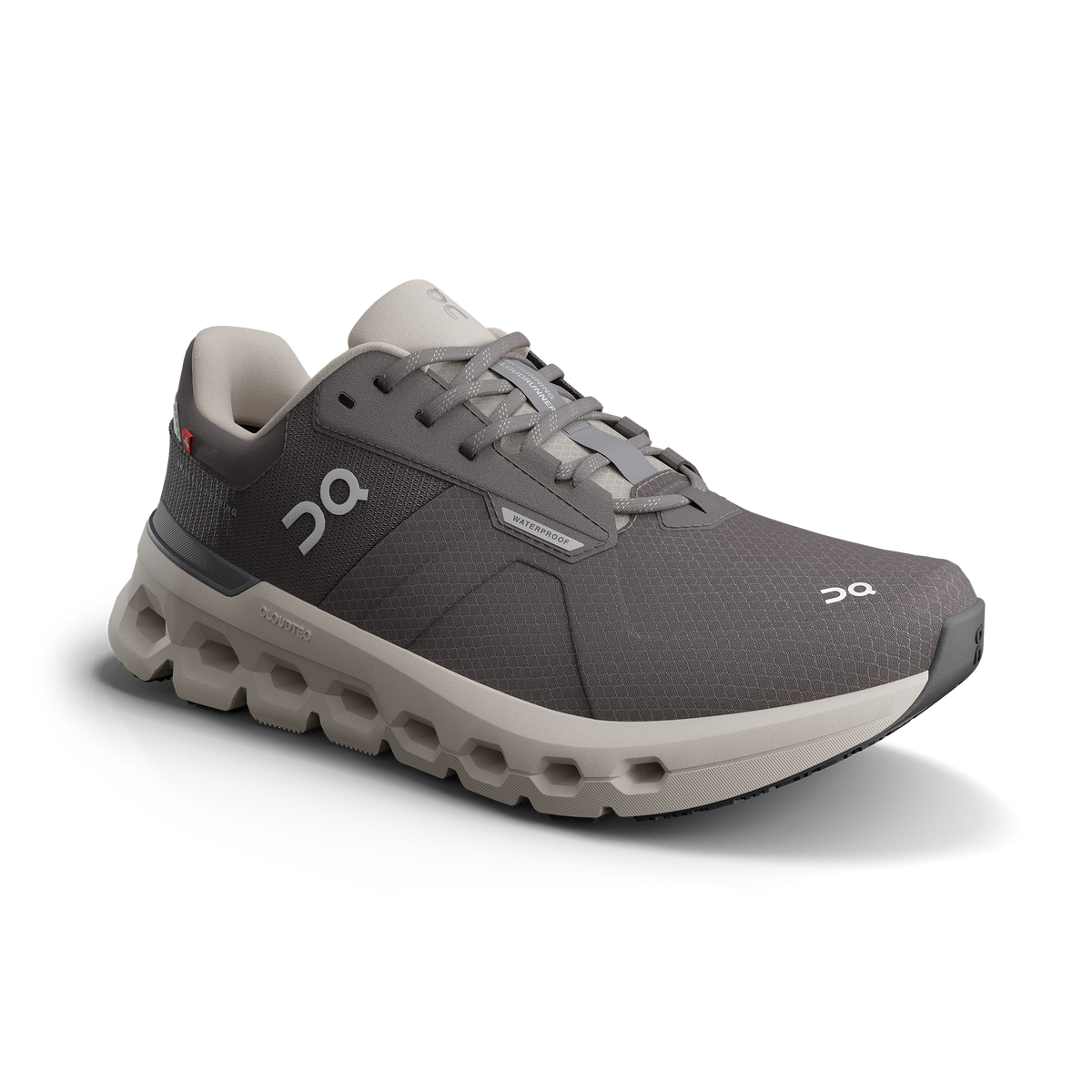 Men's On Cloudrunner  WP. Dark grey upper. Grey midsole. Lateral view.