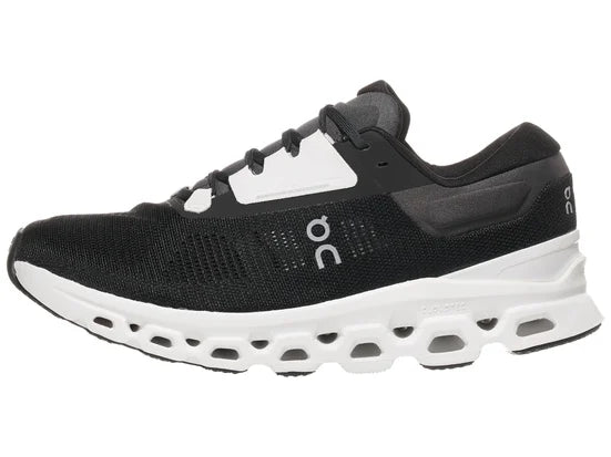 Men's On Cloudstratus 3. Black upper. White midsole. Lateral view.