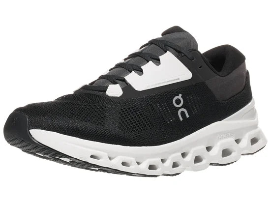 Men's On Cloudstratus 3. Black upper. White midsole. Lateral view.