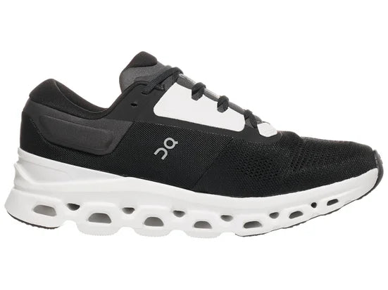 Men's On Cloudstratus 3. Black upper. White midsole. Medial view.