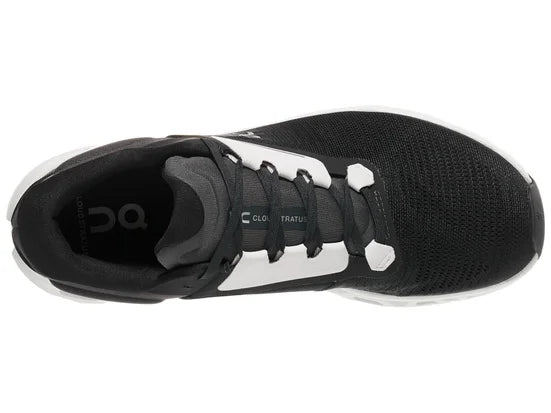 Men's On Cloudstratus 3. Black upper. White midsole. Top view.