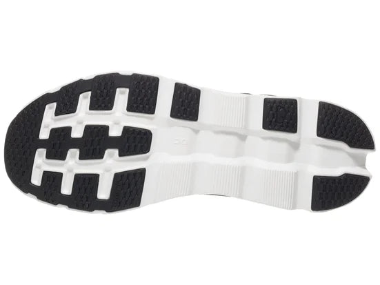 Men's On Cloudstratus 3. Black upper. White midsole. Bottom view.