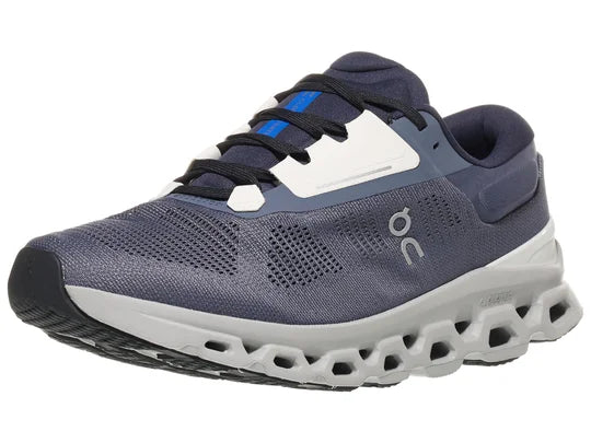 Men's On Cloudstratus 3. Dark Grey upper. White midsole. Lateral view.