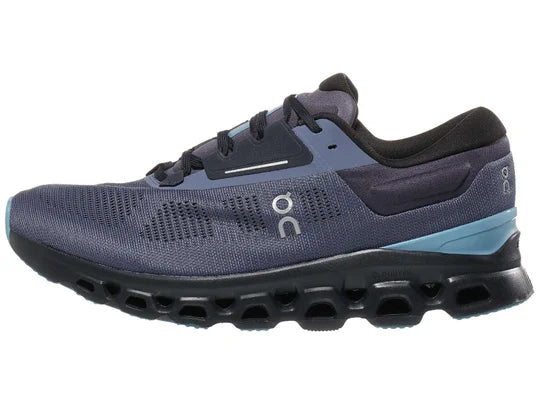 Men's On Cloudstratus 3. Blue/Grey upper. Black midsole. Lateral view.