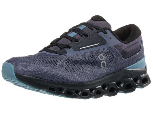 Men's On Cloudstratus 3. Blue/Grey upper. Black midsole. Lateral view.