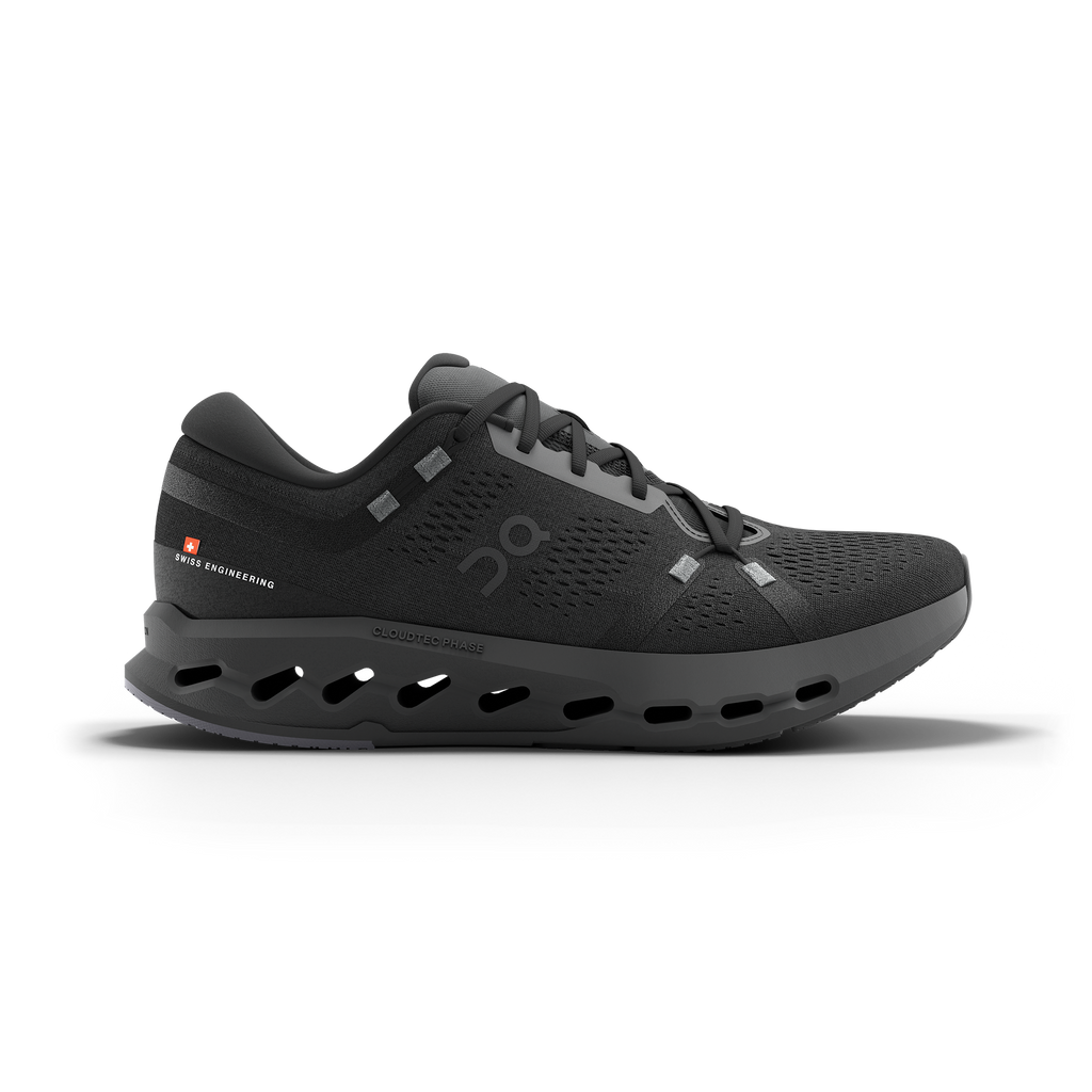 Men's On Cloudsurfer 2. Black upper. Black midsole. Lateral view.