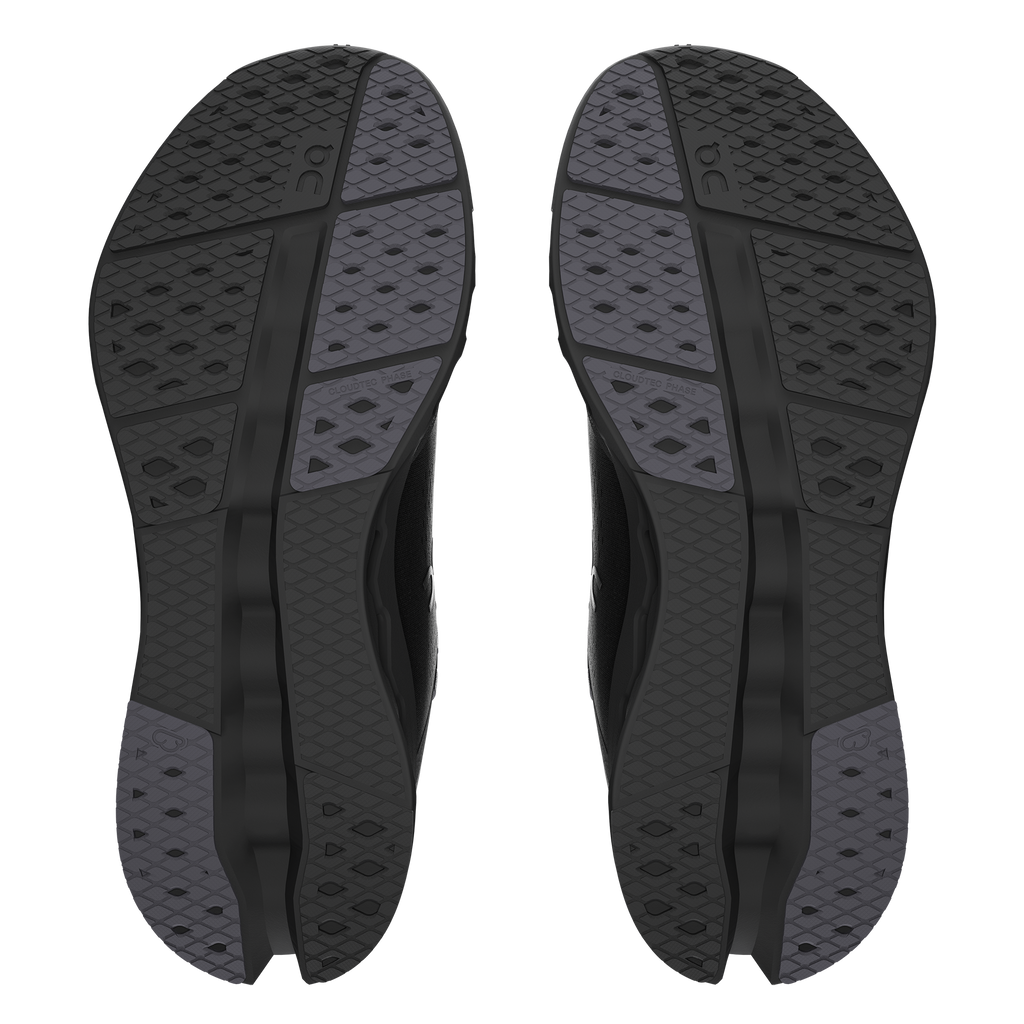Men's On Cloudsurfer 2. Black upper. Black midsole. Bottom view.