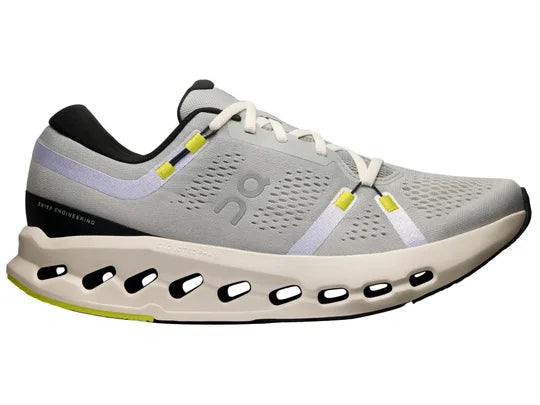 Men's On Cloudsurfer 2. Grey upper. Light grey midsole. Lateral view.