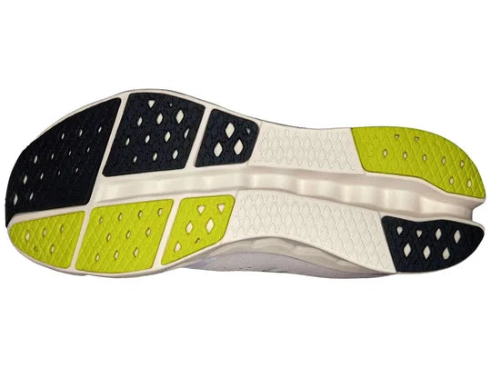 Men's On Cloudsurfer 2. Light grey midsole. Light grey/black/green outsole. Bottom view.
