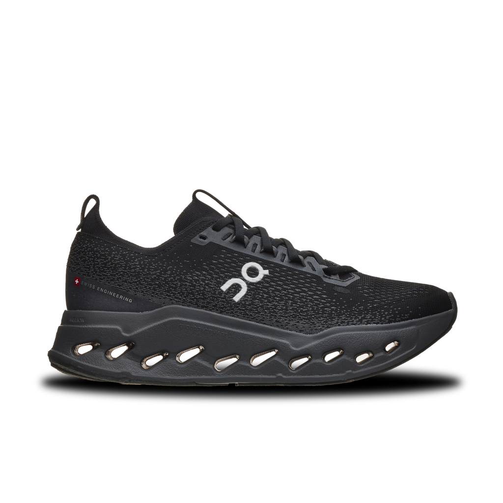 Men's On Cloudsurfer Max. Black upper. Black midsole. Lateral view.