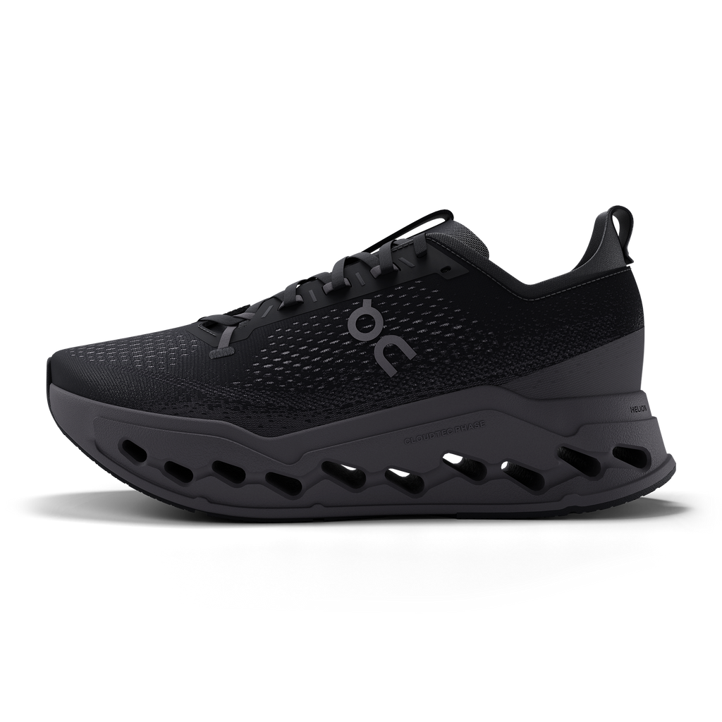 Men's On Cloudsurfer Max. Black upper. Black midsole. Medial view.