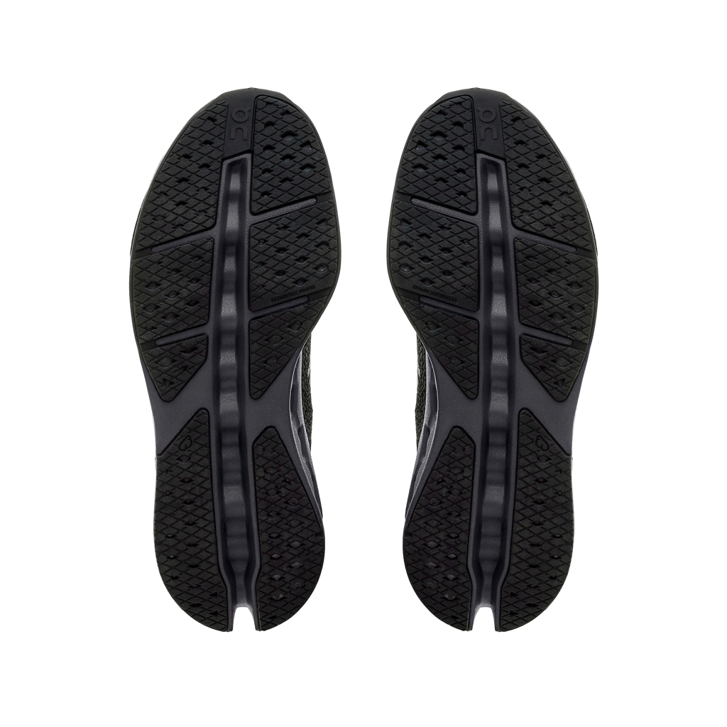 Men's On Cloudsurfer Max. Black upper. Black midsole. Bottom view.