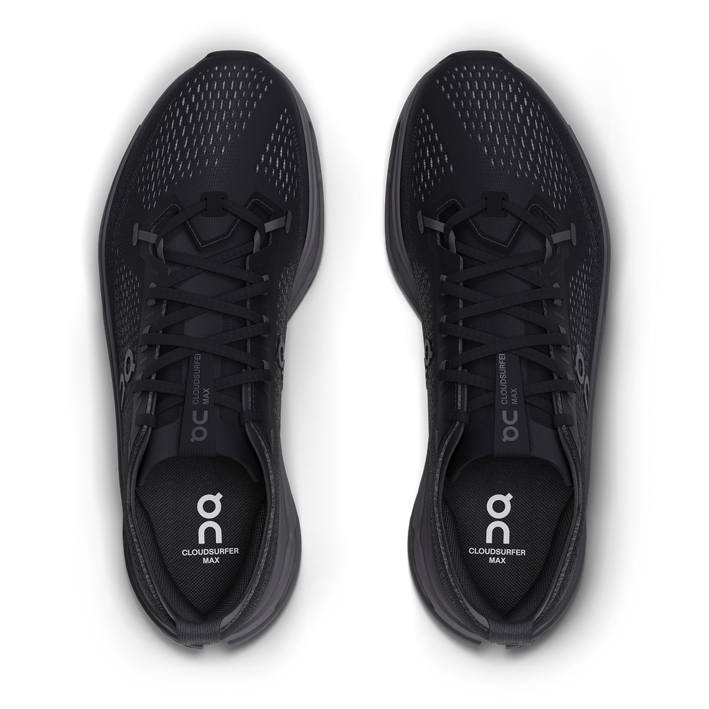 Men's On Cloudsurfer Max. Black upper. Black midsole. Top view.