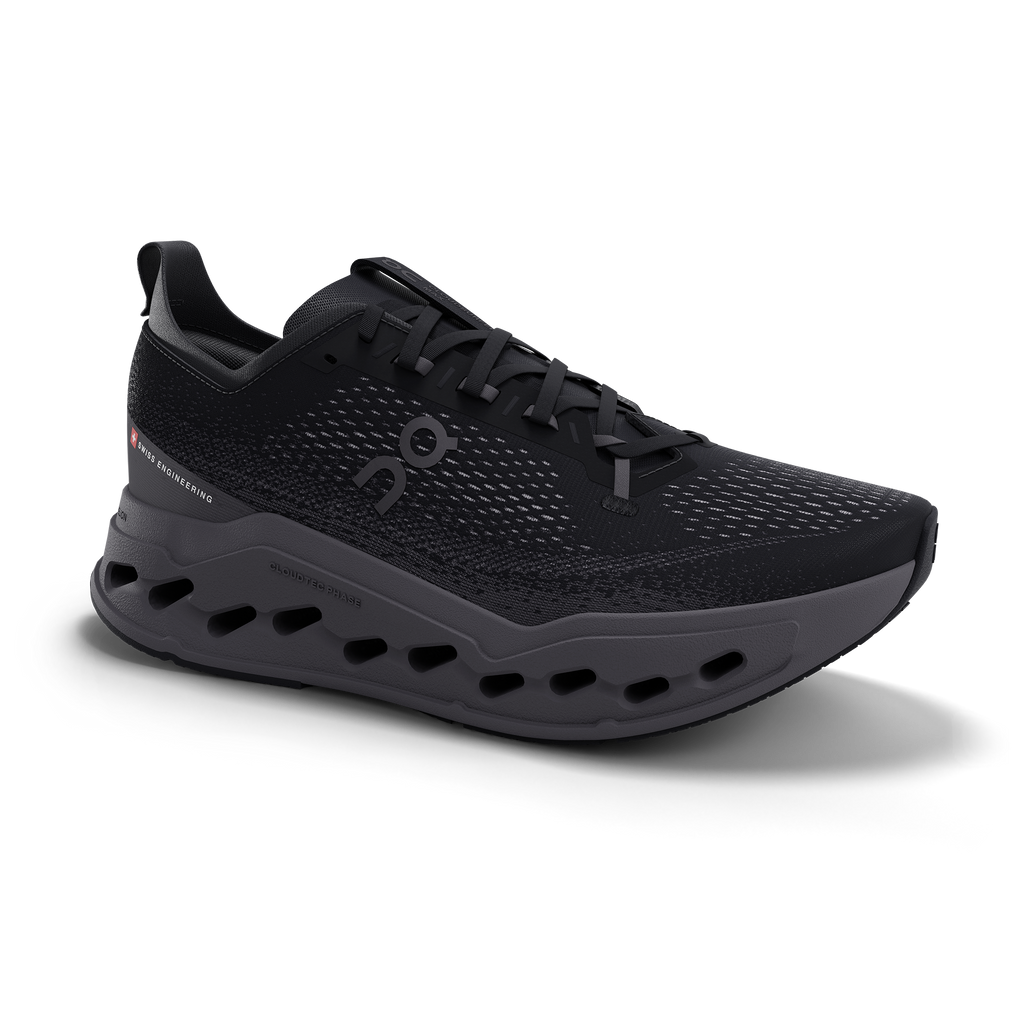 Men's On Cloudsurfer Max. Black upper. Black midsole. Lateral view.