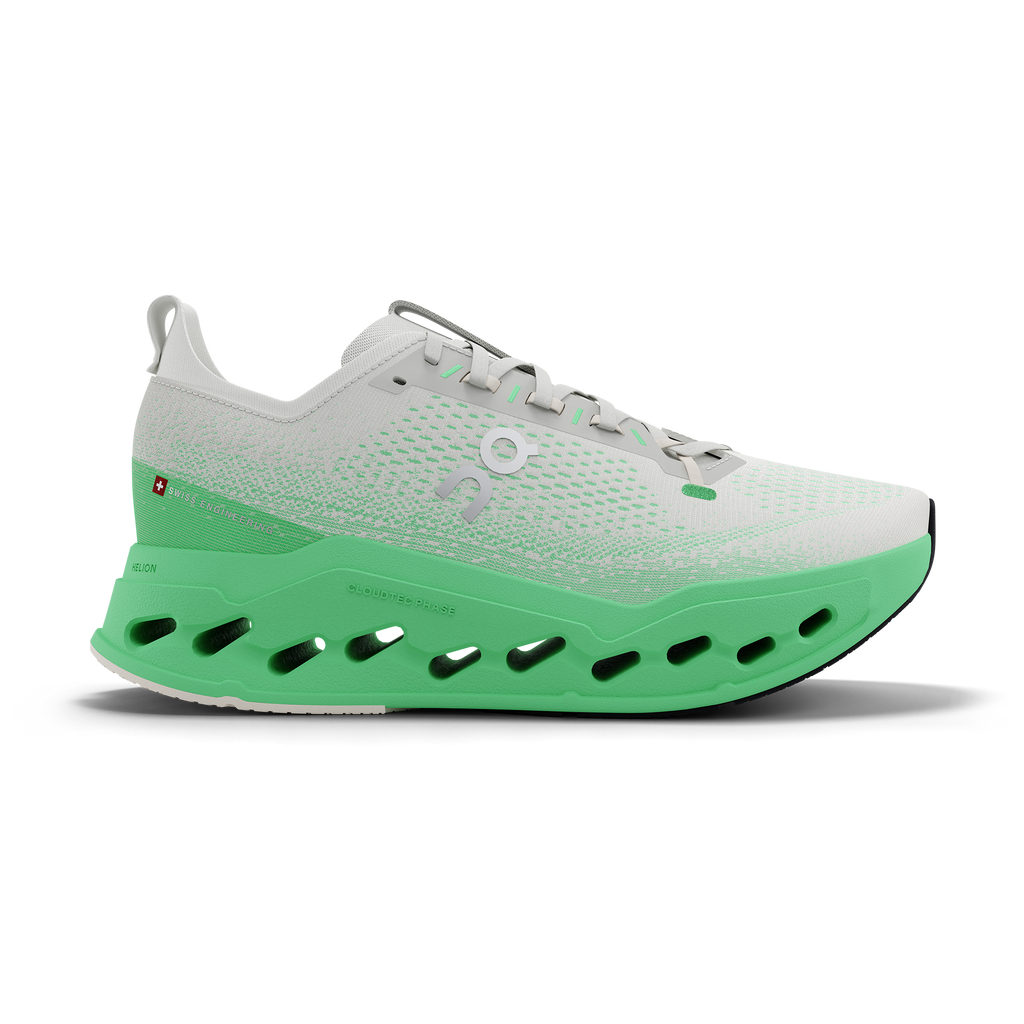 Men's On Cloudsurfer Max. White/Green upper. Green midsole. Lateral view.