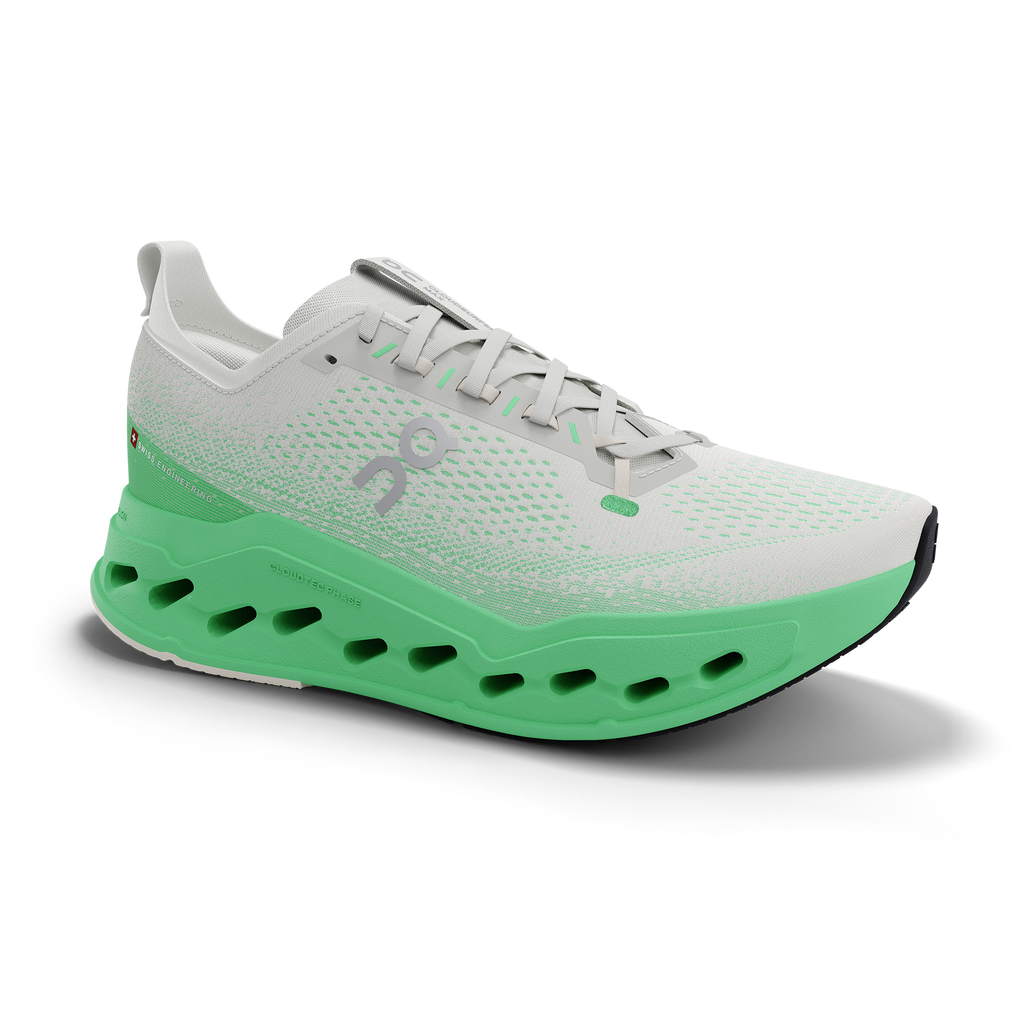Men's On Cloudsurfer Max. White/Green upper. Green midsole. Lateral view.