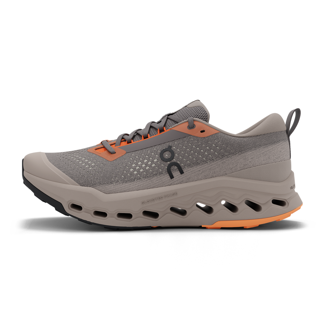 Men's On Cloudsurfer Trail 2. Grey upper. Grey midsole. Medial view.