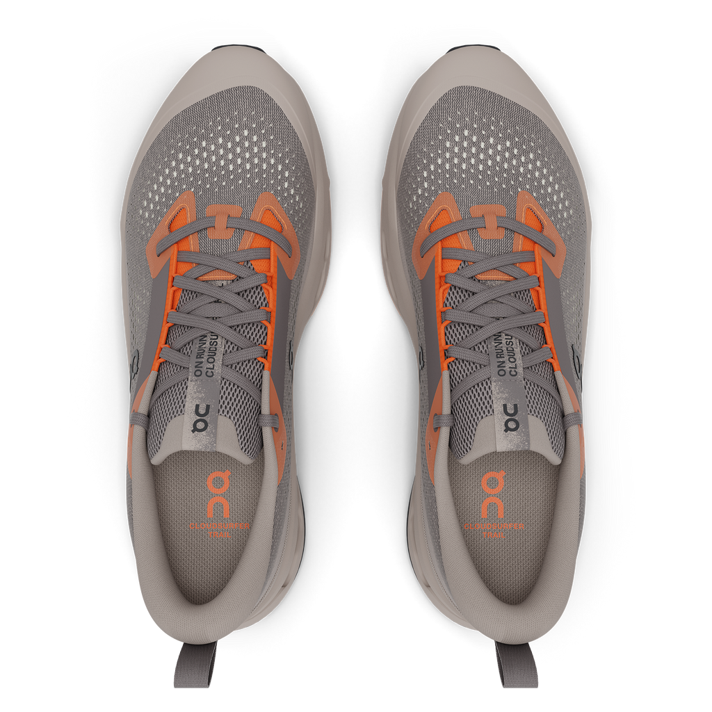 Men's On Cloudsurfer Trail 2. Grey upper. Grey midsole. Top view.