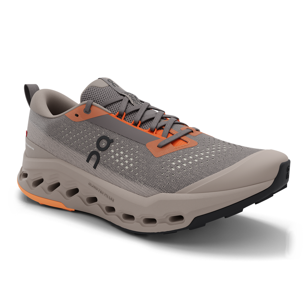Men's On Cloudsurfer Trail 2. Grey upper. Grey midsole. Lateral view.