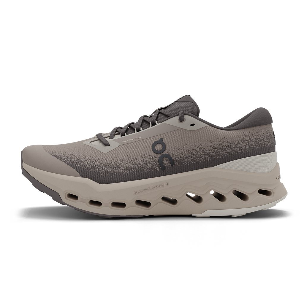 Men's On Cloudsurfer Trail 2 WP. Grey upper. Tan midsole. Medial view.