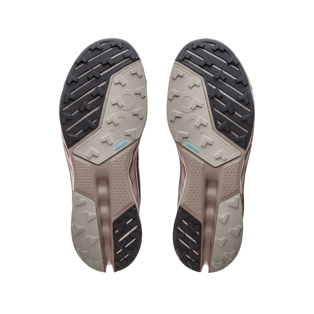 Men's On Cloudsurfer Trail 2 WP. Grey upper. Tan midsole. Bottom view.