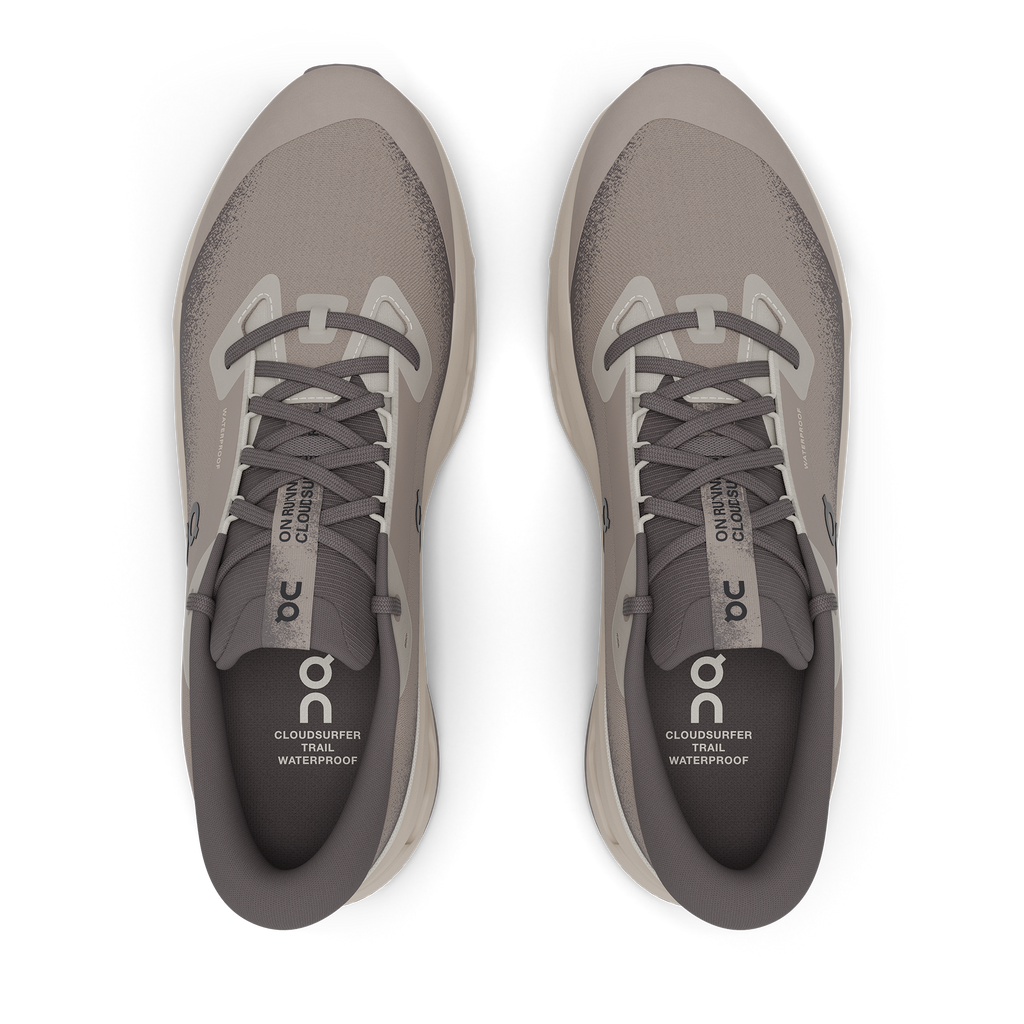Men's On Cloudsurfer Trail 2 WP. Grey upper. Tan midsole. Top view.
