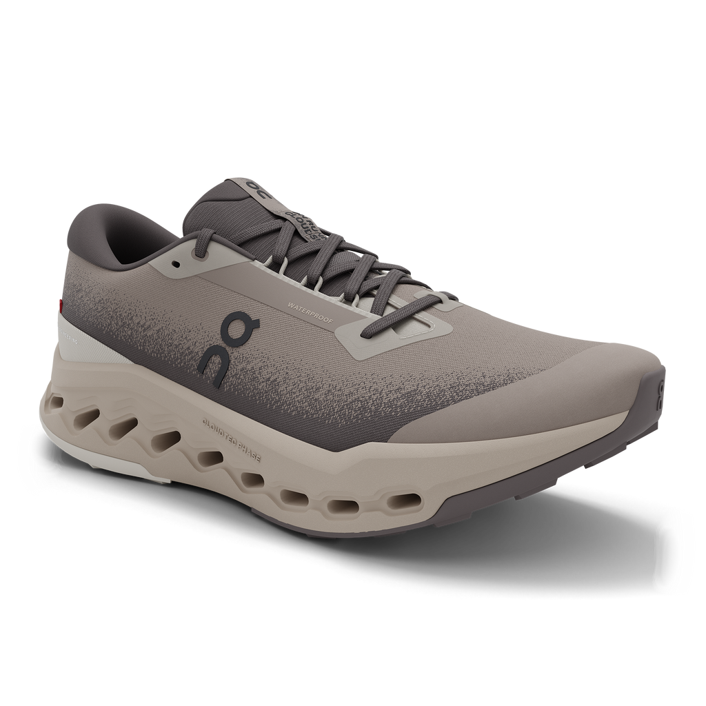 Men's On Cloudsurfer Trail 2 WP. Grey upper. Tan midsole. Lateral view.