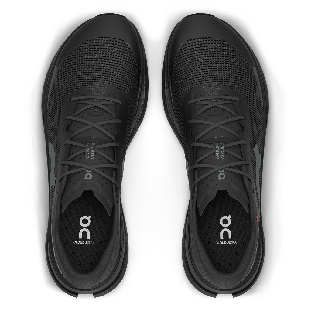 Men's On Cloudultra 3. Black upper. Black midsole. Top view.