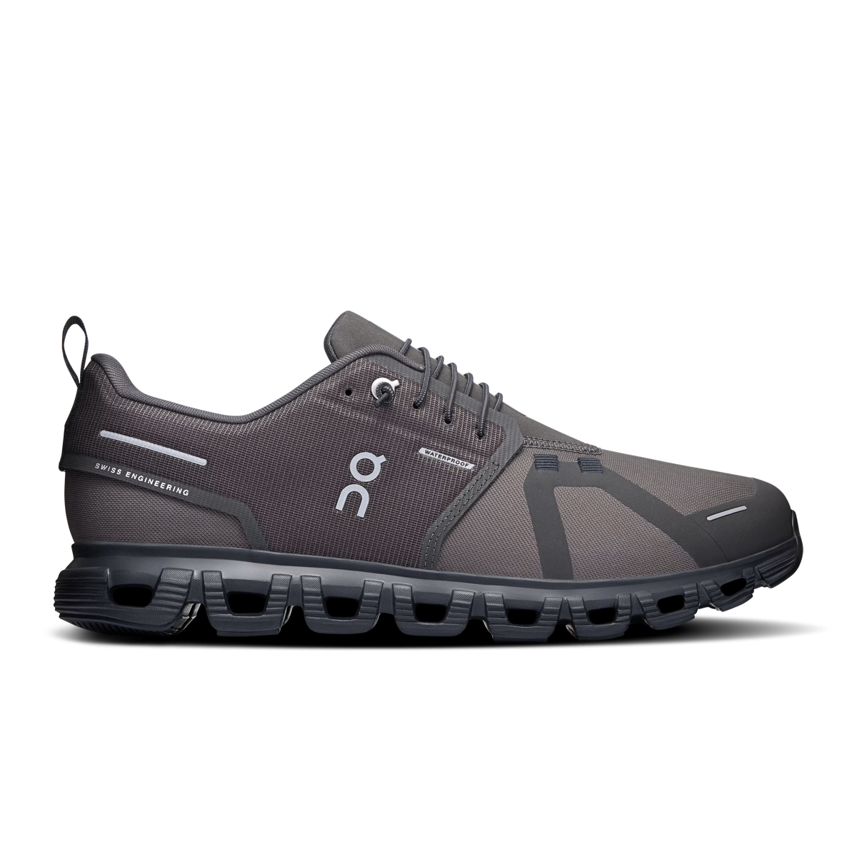 Men's On Cloud 6 WP. Black upper. Black midsole. Lateral view.