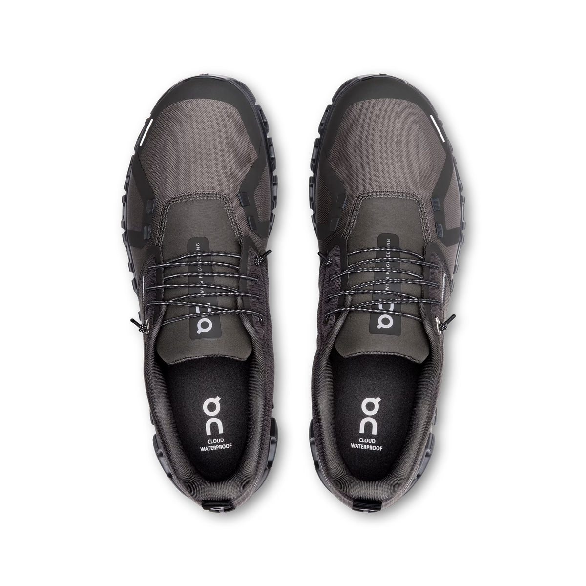 Men's On Cloud 6 WP. Black upper. Black midsole. Top view.