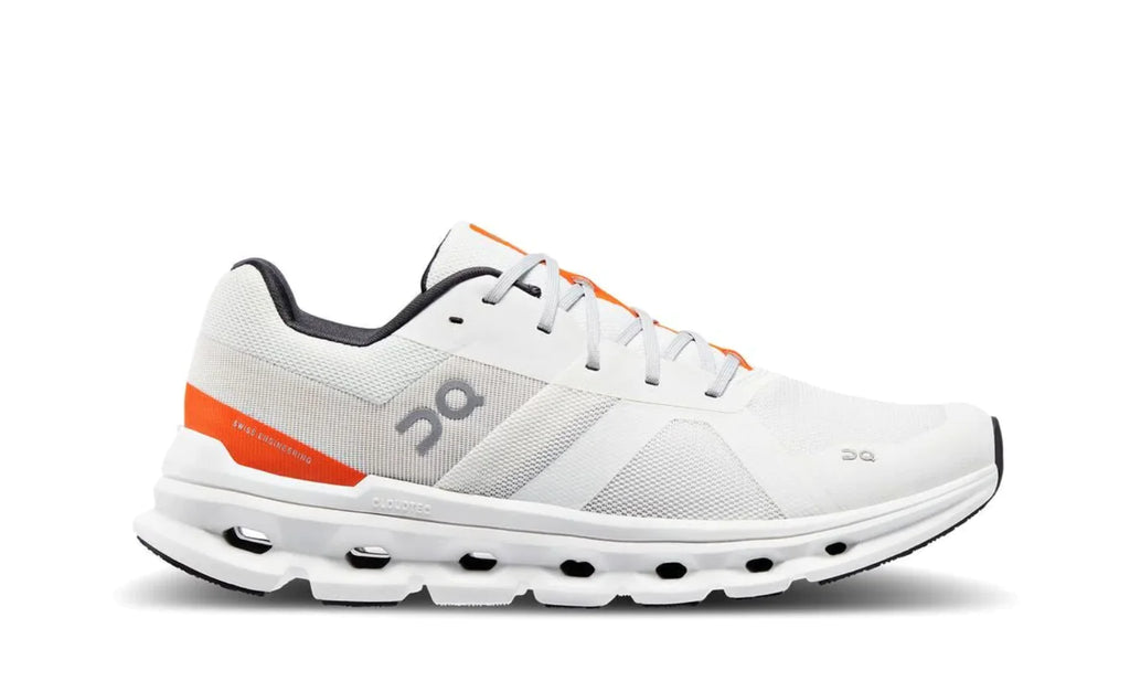 Men's On Cloudmonster. White upper. White midsole. Lateral view.