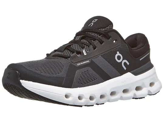 Men's On Running Cloudrunner 2. Black upper. White midsole. Lateral view.