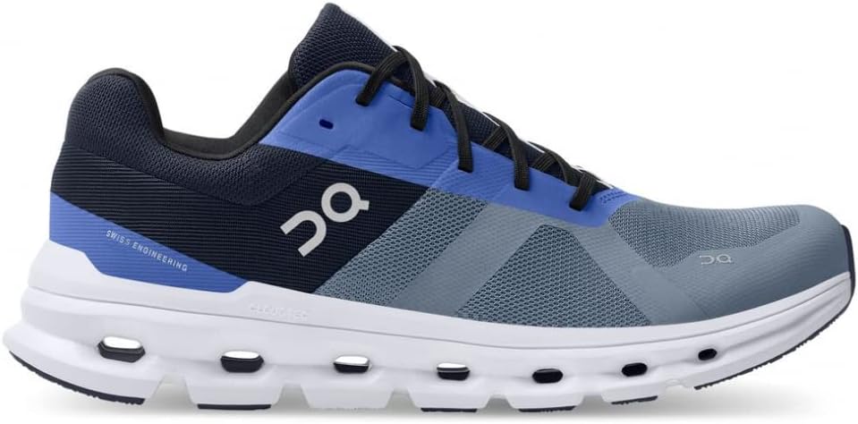 Men's On Cloudrunner. Blue upper. White midsole. Lateral view.