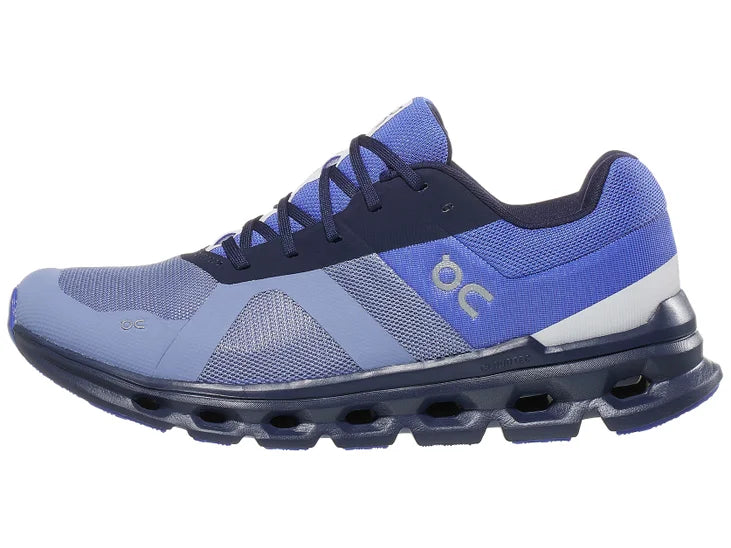 Men's On Cloudrunner. Blue upper. Blue midsole. Lateral view.