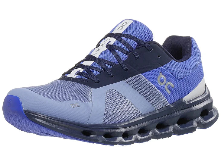 Men's On Cloudrunner. Blue upper. Blue midsole. Lateral view.