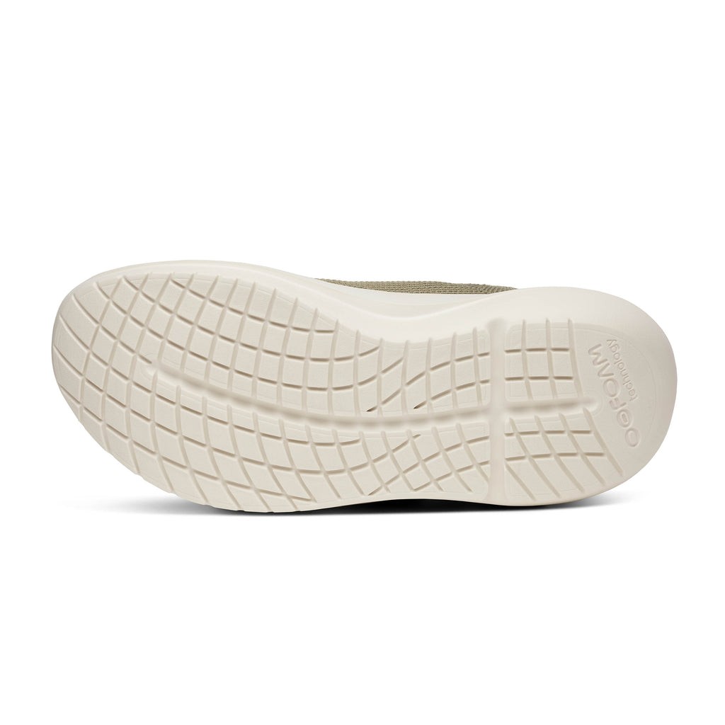 Men's Oofos Oomy Zen. Green upper. White midsole. Bottom view.