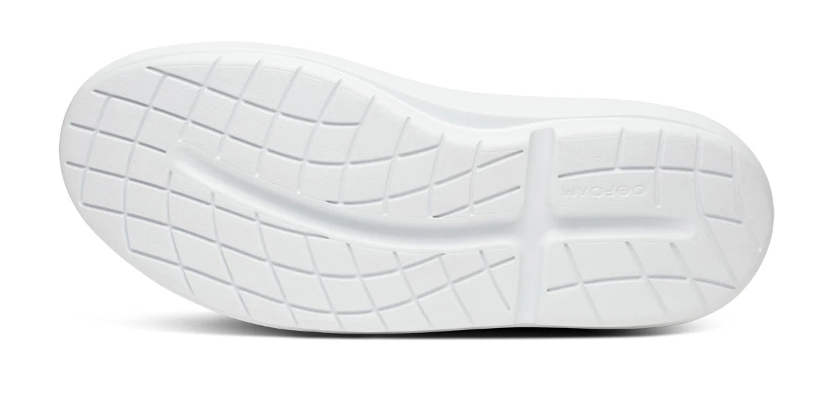 Men's Oofos. Club+. Black upper. White midsole. Bottom view.