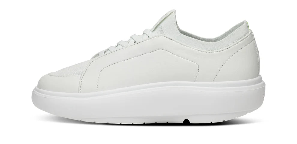 Men's Oofos. Club+. White upper. White midsole. Medial view.
