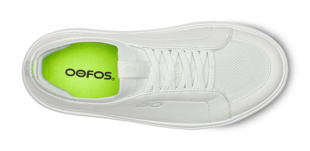 Men's Oofos. Club+. White upper. White midsole. Top view.