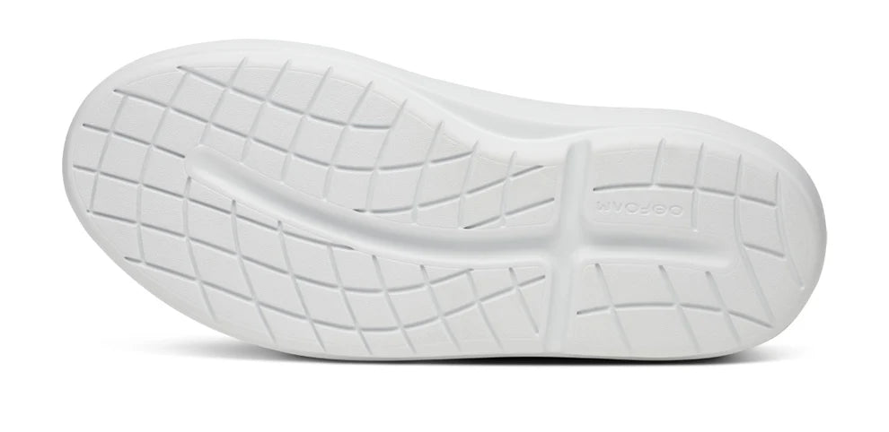 Men's Oofos. Club+. White upper. White midsole. Bottom view.