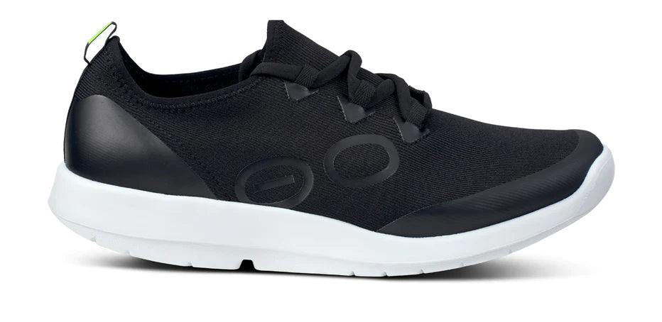 Oofos OOmg Sport LS Shoe. Black upper. White midsole. Lateral view.
