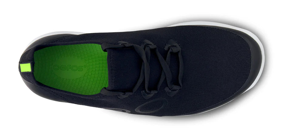 Oofos OOmg Sport LS Shoe. Black upper. White midsole. Top view.