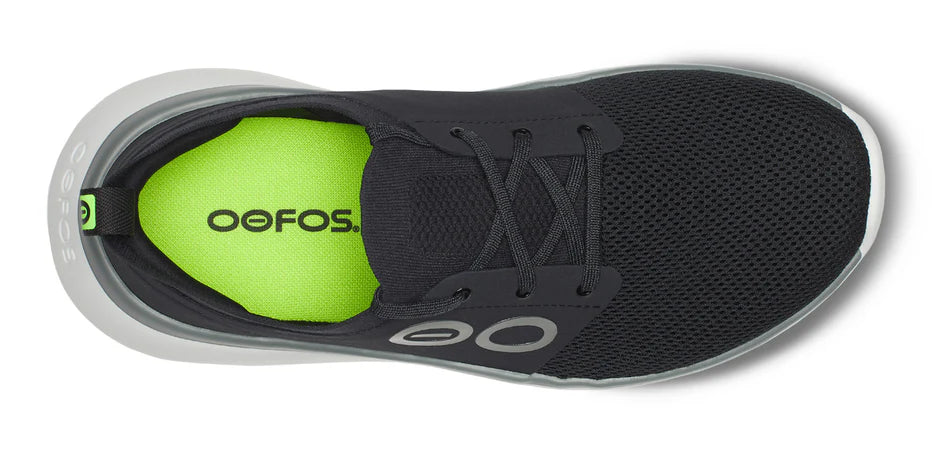 Men's Oofos OOmy Stride. Black upper. White midsole. Top view.