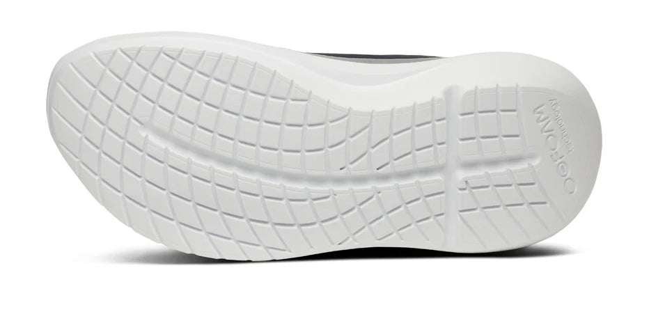 Men's Oofos OOmy Stride. Black upper. White midsole. Bottom view.