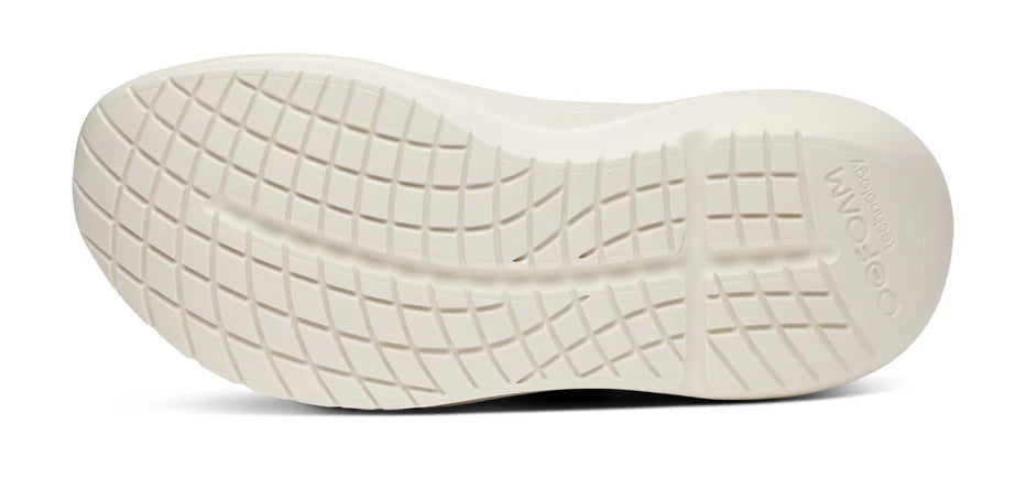 Men's Oofos OOmy Zen. Black upper. White midsole. Bottom view.