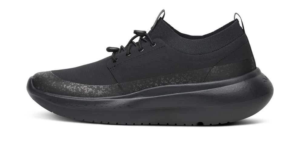 Men's Oofos Roam Ripstop. Black upper. Black midsole. Medial view.