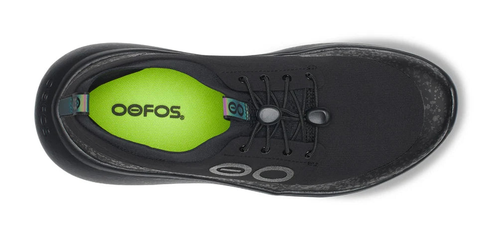 Men's Oofos Roam Ripstop. Black upper. Black midsole. Top view.